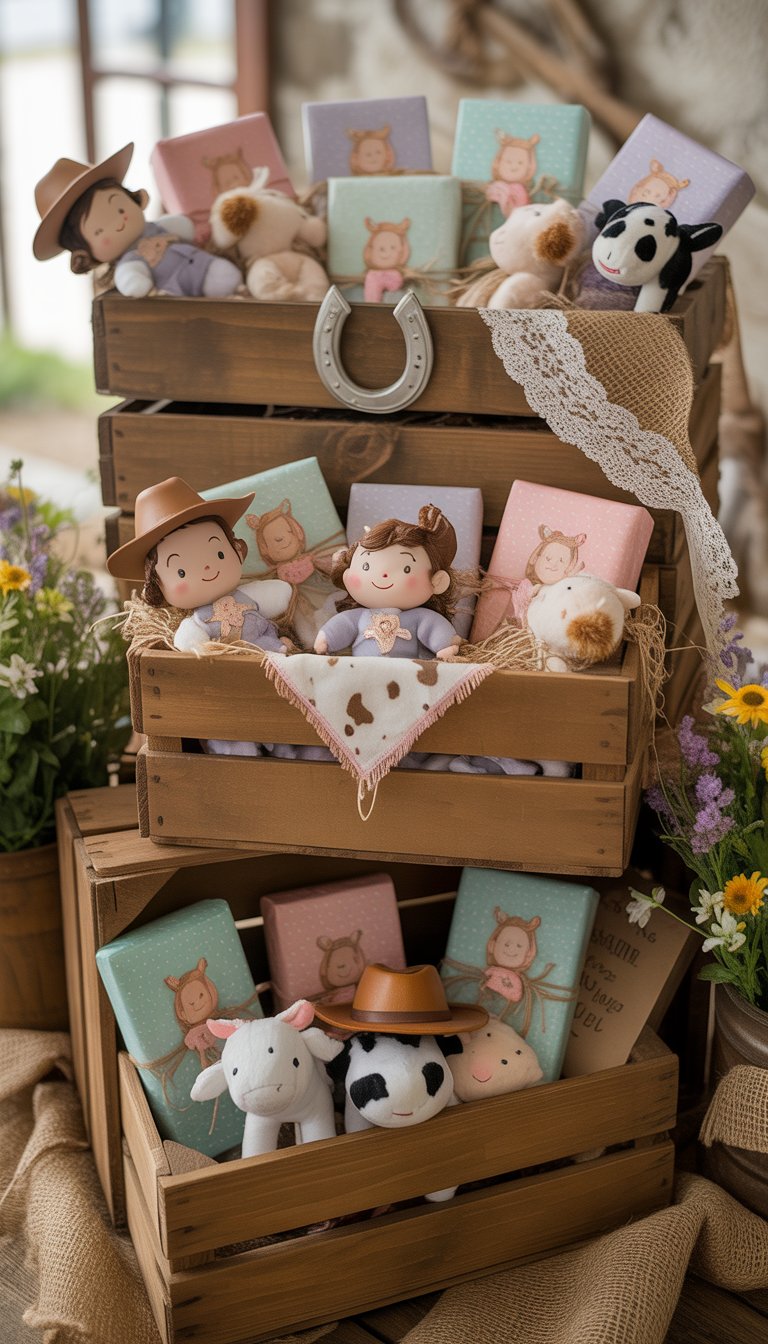 A rustic wooden crate display filled with baby shower gifts and cowgirl-themed decorations including cowboy hats and plush animals.